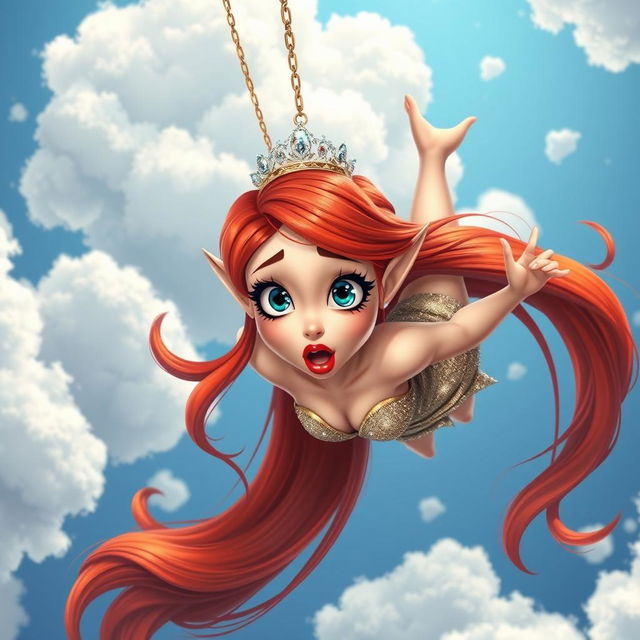 A sexy redhead toon elf princess with a sparkling tiara, vivid blue eyes, and luscious red lips, falling dramatically from the sky