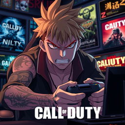 A dynamic scene featuring Sukuna from the anime Jujutsu Kaisen, exhibiting an angry expression while playing Call of Duty