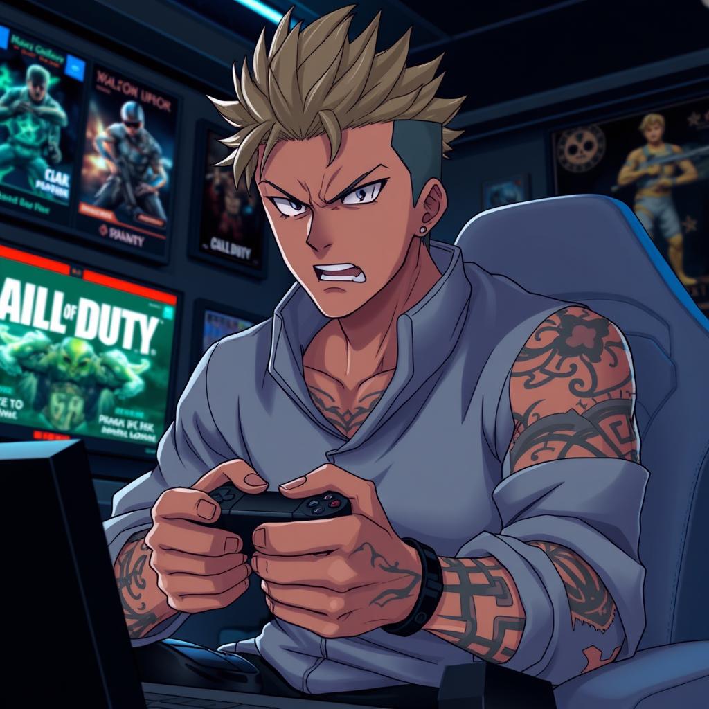 A dynamic scene featuring Sukuna from the anime Jujutsu Kaisen, exhibiting an angry expression while playing Call of Duty