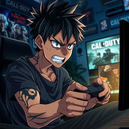 A dynamic scene featuring Sukuna from the anime Jujutsu Kaisen, exhibiting an angry expression while playing Call of Duty