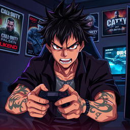 A dynamic scene featuring Sukuna from the anime Jujutsu Kaisen, exhibiting an angry expression while playing Call of Duty