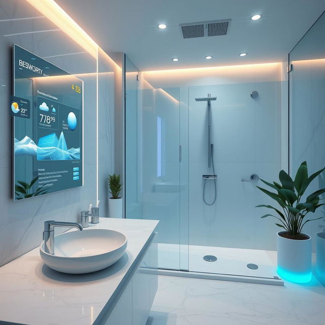 A futuristic bathroom scene set in a high-tech home, featuring sleek and modern design elements