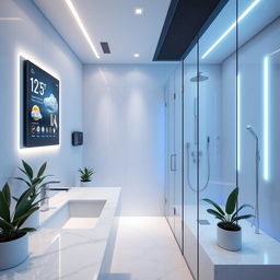 A futuristic bathroom scene set in a high-tech home, featuring sleek and modern design elements