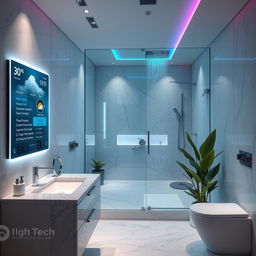 A futuristic bathroom scene set in a high-tech home, featuring sleek and modern design elements