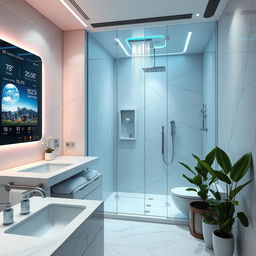 A futuristic bathroom scene set in a high-tech home, featuring sleek and modern design elements