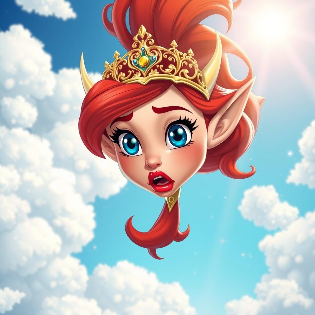 A sexy redhead toon elf princess with an intricately designed tiara, striking blue eyes, and luscious red lips, is depicted falling gracefully from the sky