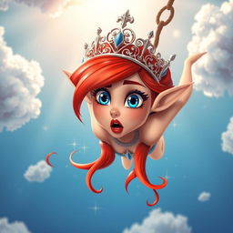 A sexy redhead toon elf princess with an intricately designed tiara, striking blue eyes, and luscious red lips, is depicted falling gracefully from the sky