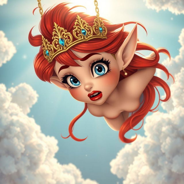 A sexy redhead toon elf princess with an intricately designed tiara, striking blue eyes, and luscious red lips, is depicted falling gracefully from the sky