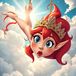 A sexy redhead toon elf princess with an intricately designed tiara, striking blue eyes, and luscious red lips, is depicted falling gracefully from the sky