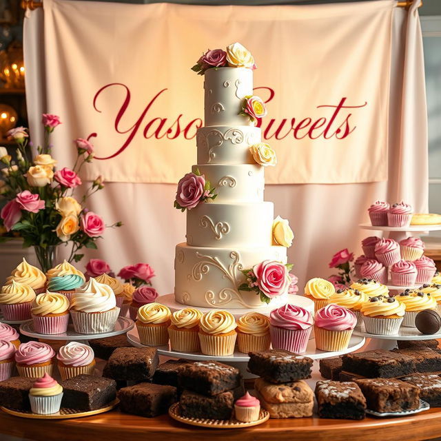 A beautiful and enticing display for an online cake shop called 'Yaso Sweets', featuring a stunning variety of cakes and desserts