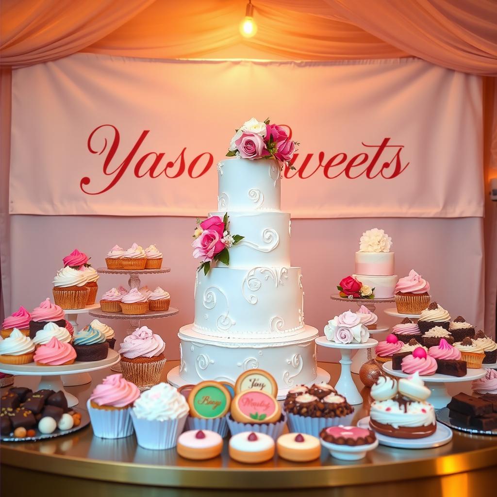 A beautiful and enticing display for an online cake shop called 'Yaso Sweets', featuring a stunning variety of cakes and desserts