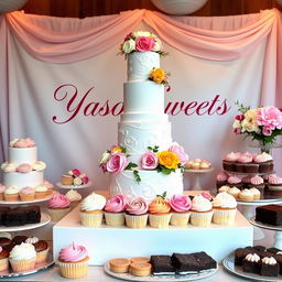 A beautiful and enticing display for an online cake shop called 'Yaso Sweets', featuring a stunning variety of cakes and desserts