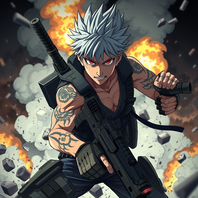 A dynamic and intense scene depicting Sukuna from the anime Jujutsu Kaisen, in a futuristic and detailed setting resembling a Call of Duty game environment