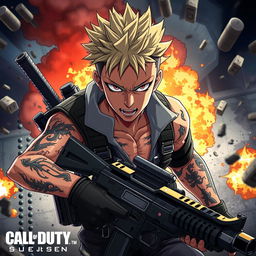 A dynamic and intense scene depicting Sukuna from the anime Jujutsu Kaisen, in a futuristic and detailed setting resembling a Call of Duty game environment