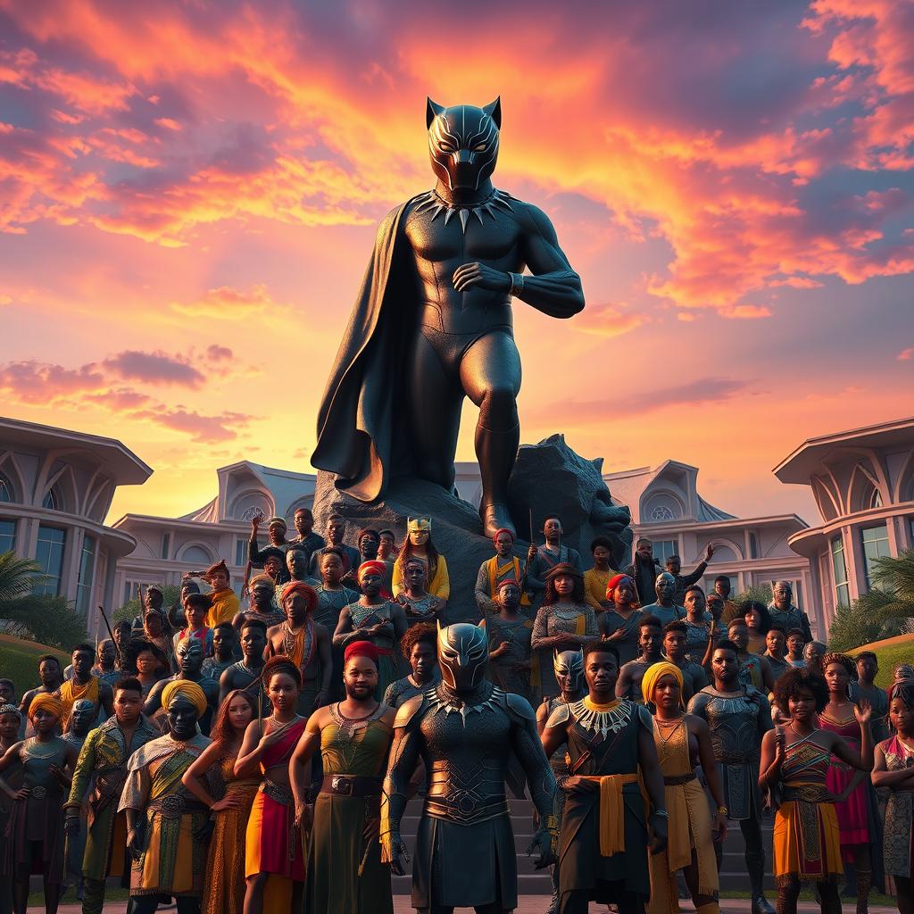 A powerful and vibrant portrayal of the fictional nation of Wakanda, showcasing its advanced technology, lush landscapes, and rich culture