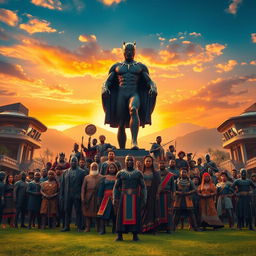 A powerful and vibrant portrayal of the fictional nation of Wakanda, showcasing its advanced technology, lush landscapes, and rich culture