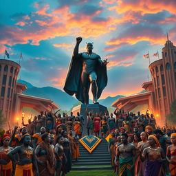 A powerful and vibrant portrayal of the fictional nation of Wakanda, showcasing its advanced technology, lush landscapes, and rich culture