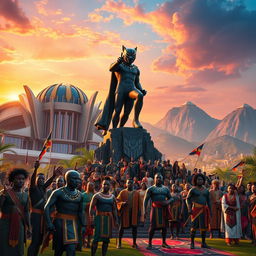 A powerful and vibrant portrayal of the fictional nation of Wakanda, showcasing its advanced technology, lush landscapes, and rich culture
