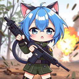 A cute nekomimi girl with vibrant blue hair, dressed in a military-style outfit, confidently holding a gun