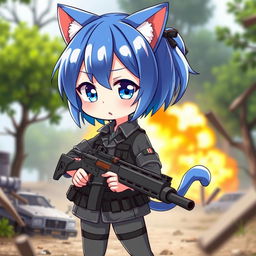A cute nekomimi girl with vibrant blue hair, dressed in a military-style outfit, confidently holding a gun