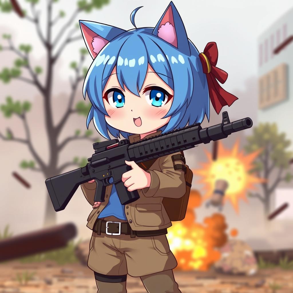 A cute nekomimi girl with vibrant blue hair, dressed in a military-style outfit, confidently holding a gun