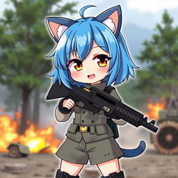 A cute nekomimi girl with vibrant blue hair, dressed in a military-style outfit, confidently holding a gun