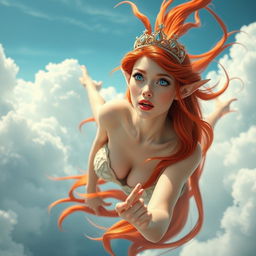 A stunning sexy redhead elf princess with vibrant red hair, wearing an elegant tiara, blue eyes sparkling with intensity, and luscious red lips