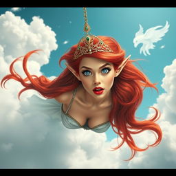 A stunning sexy redhead elf princess with vibrant red hair, wearing an elegant tiara, blue eyes sparkling with intensity, and luscious red lips