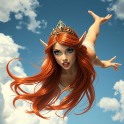 A stunning sexy redhead elf princess with vibrant red hair, wearing an elegant tiara, blue eyes sparkling with intensity, and luscious red lips