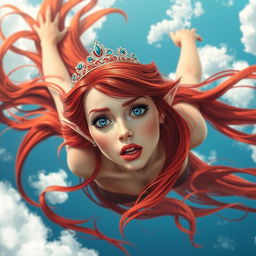 A stunning sexy redhead elf princess with vibrant red hair, wearing an elegant tiara, blue eyes sparkling with intensity, and luscious red lips