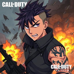 An illustration of Sukuna from the anime Jujutsu Kaisen, styled in an anime art style reminiscent of Call of Duty gameplay