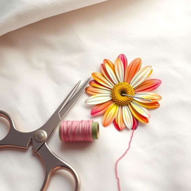 An artistic design featuring a needle and thread sewing a daisy flower