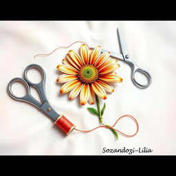 An artistic design featuring a needle and thread sewing a daisy flower