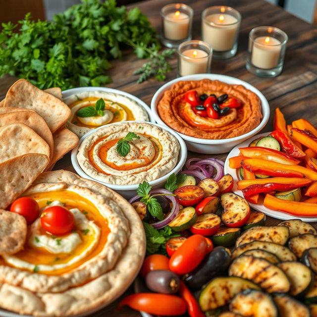 An inviting display of a vibrant Mediterranean cuisine spread, featuring a large, beautifully arranged platter of colorful hummus varieties topped with fresh herbs, roasted red pepper, and a drizzle of olive oil