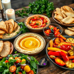 An inviting display of a vibrant Mediterranean cuisine spread, featuring a large, beautifully arranged platter of colorful hummus varieties topped with fresh herbs, roasted red pepper, and a drizzle of olive oil
