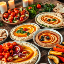 An inviting display of a vibrant Mediterranean cuisine spread, featuring a large, beautifully arranged platter of colorful hummus varieties topped with fresh herbs, roasted red pepper, and a drizzle of olive oil