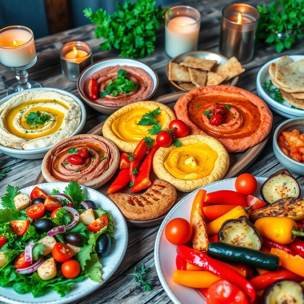 An inviting display of a vibrant Mediterranean cuisine spread, featuring a large, beautifully arranged platter of colorful hummus varieties topped with fresh herbs, roasted red pepper, and a drizzle of olive oil