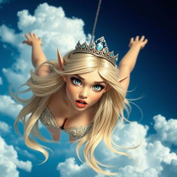 A sexy blonde elf princess with a delicate tiara, striking blue eyes, and luscious red lips is gracefully falling from the sky