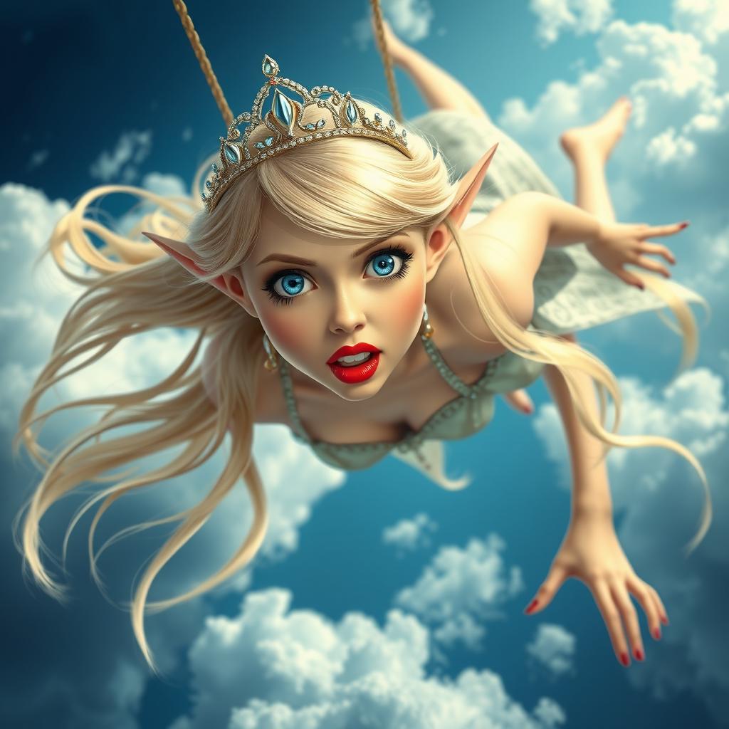 A sexy blonde elf princess with a delicate tiara, striking blue eyes, and luscious red lips is gracefully falling from the sky