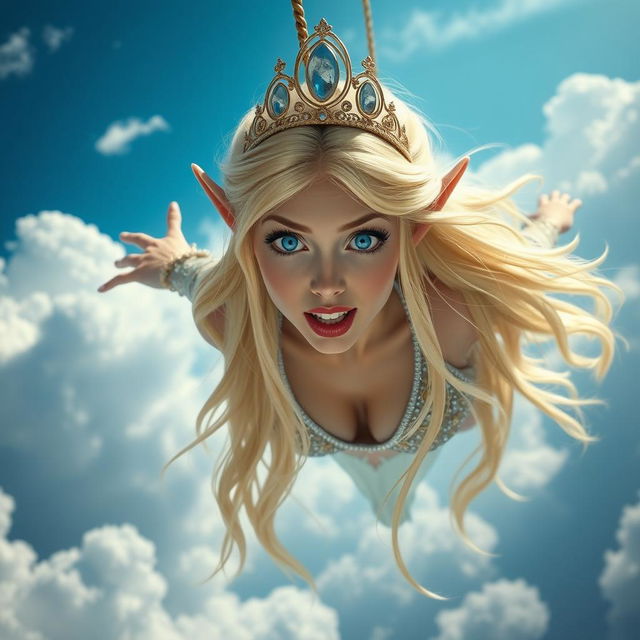 A sexy blonde elf princess with a delicate tiara, striking blue eyes, and luscious red lips is gracefully falling from the sky