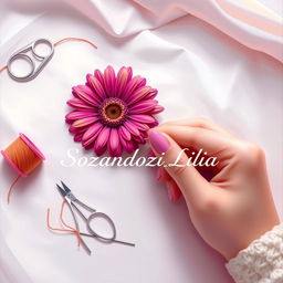 A digital painting featuring a hand holding a needle and thread, sewing a vibrant and detailed daisy flower