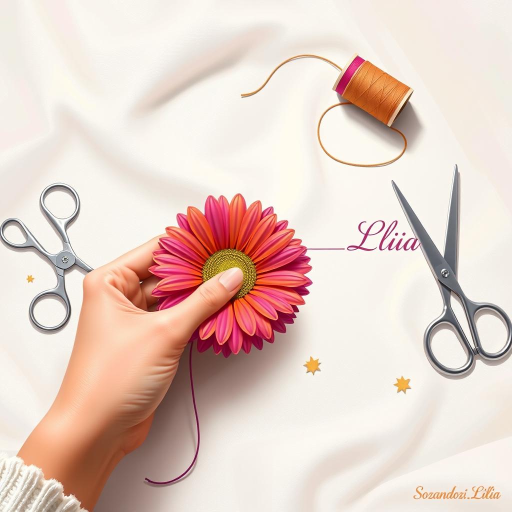 A digital painting featuring a hand holding a needle and thread, sewing a vibrant and detailed daisy flower