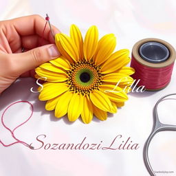 A digital painting featuring a hand holding a needle and thread, sewing a vibrant and detailed daisy flower