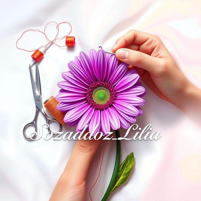 A digital painting featuring a hand holding a needle and thread, sewing a vibrant and detailed daisy flower