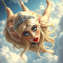 A sexy blonde elf princess with a sparkling tiara, striking blue eyes, and bold red lips, gracefully falling from the sky