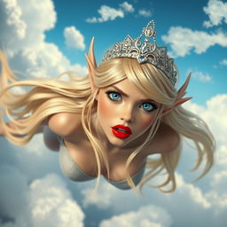 A sexy blonde elf princess with a sparkling tiara, striking blue eyes, and bold red lips, gracefully falling from the sky