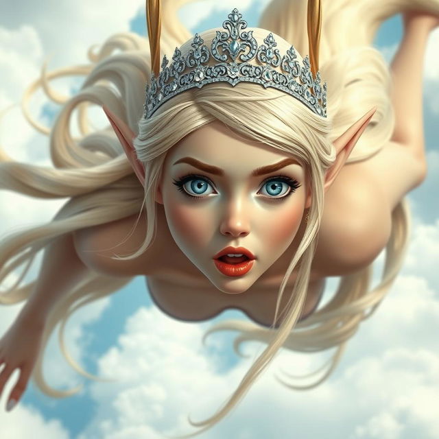 A sexy blonde elf princess with a sparkling tiara, striking blue eyes, and bold red lips, gracefully falling from the sky