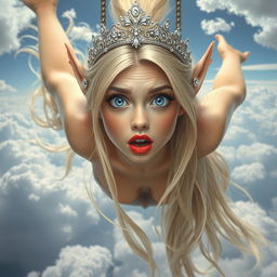 A sexy blonde elf princess with a sparkling tiara, striking blue eyes, and bold red lips, gracefully falling from the sky