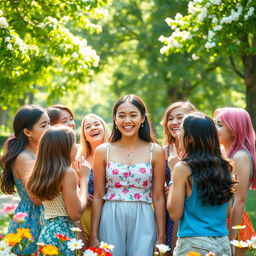 A vibrant scene depicting a cheerful gathering of multiple girls around a central figure, showcasing a joyful atmosphere