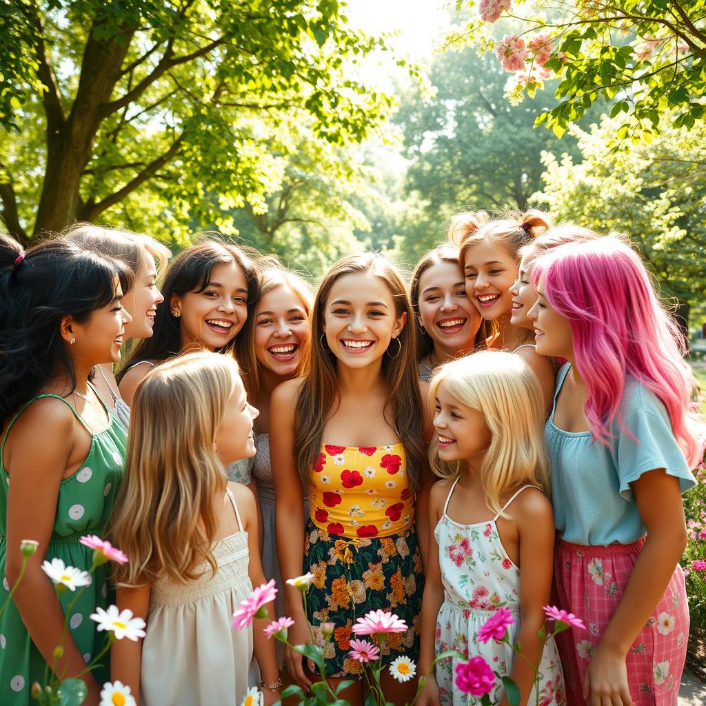 A vibrant scene depicting a cheerful gathering of multiple girls around a central figure, showcasing a joyful atmosphere